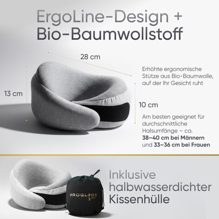 Подорожня подушка для шиї Proglobe Luxe з ефектом пам'яті (Memory Foam), з підтримкою підборіддя та компресійним чохлом, світло-сіра