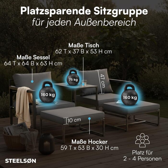 Садовий набір меблів STEELSØN Asteri 5 предметів: 2 крісла, 2 пуфи, стіл - Чорний металевий каркас, подушки антрацит - для тераси, балкону, саду (2-4 особи)