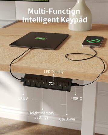 FEZIBO Стол письмовий регульований по висоті, 100 x 60 см, з USB-портами, для дому/офісу, стоячий, з масивом дуба