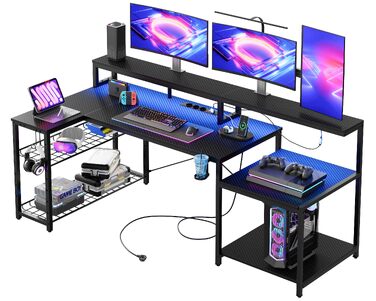 Ігровий стіл Bestier L-подібний 181x80 см з LED підсвіткою, розетками та USB, чорний карбон