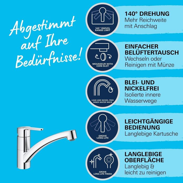 Змішувач кухонний GROHE Start Eco з плоским виливом, поворотний на 140°, хром (31685000)