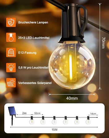 Сонячна гірлянда LED для вулиці 15м, G40, пластик, з пультом ДУ, 8 режимів, водонепроникна IP44