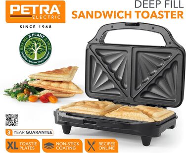 Сендвіч-тостер Petra PT2017TVDE XL, антипригарний, BPA-free, 900 Вт, автоматичне регулювання температури, для товстих сендвічів, легке очищення