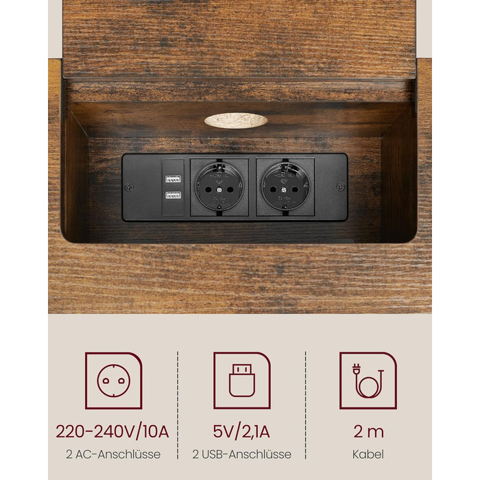 Консольний стіл VASAGLE з розетками, 2 полички, вузький, 25x120x81 см, для передпокою та вітальні, вінтажний коричнево-чорний