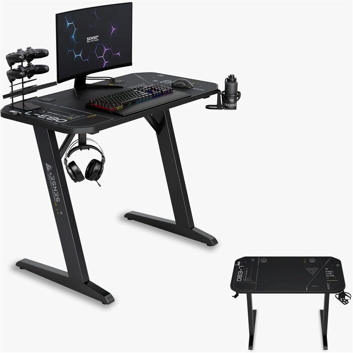 Ігровий стіл SENSE7 Nomad Cybernetic 120x60 см, комп'ютерний стіл з вуглецевим покриттям, ергономічний, з гачком для навушників, підсклянником та тримачем для контролера