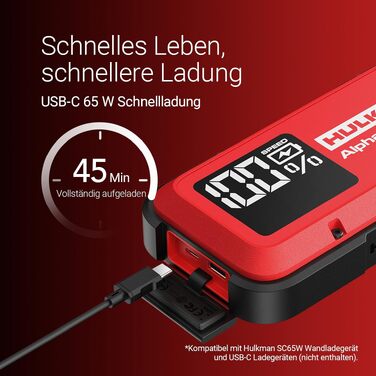 Бустерний пускач HULKMAN Alpha Ultra Red 1000A 37Wh для авто 12В, портативний jump starter для бензинових (до 6.5L) та дизельних (до 3.0L) двигунів, IP65, LED-дисплей