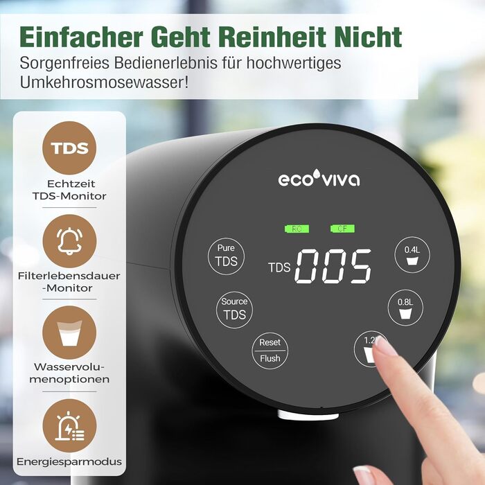 Система зворотного осмосу Ecoviva настільна, фільтр для води 5-ступеневий з монітором TDS, чорний WP-RO-200G