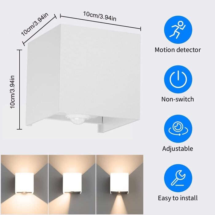 Klighten Настінний світильник з датчиком руху, 12W, IP65, 3000K, тепле біле світло, для вулиці/інтер'єру, регульований світловий потік