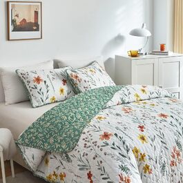 Покривало стьобане 220x240 см, біле-зелене, квітковий візерунок, бавовна, орієнтальний стиль, комплект 1x покривало + 2x наволочки, для ліжка або дивану, вінтаж