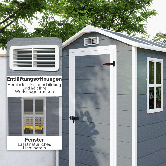 Outsunny Garden Shed 2,1 м², Водонепроникний садовий сарай з підлоговим односхилим дахом, 131x186x198/172 см, Сарай для інструментів з дверима, що замикаються, Вікно Велосипедний гараж, Садова шафа з алюмінію, для заднього двору, Саду, Сірий