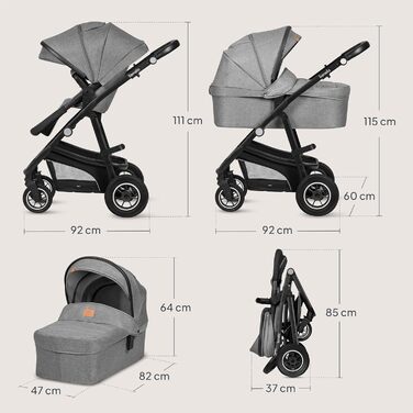 Дитяча коляска Lionelo Bianka 3 в 1 до 22 кг з автокріслом, компактна, регулювання спинки, колеса 360°, амортизація, великий капюшон (сіра)