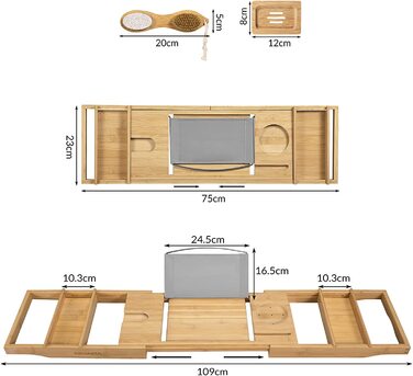 CASARIA® Полиця для ванни з бамбука, розсувна 75-109 см, з інструментом для педикюру, рукавичкою для миття, мильницею, нековзна, міст для ванни