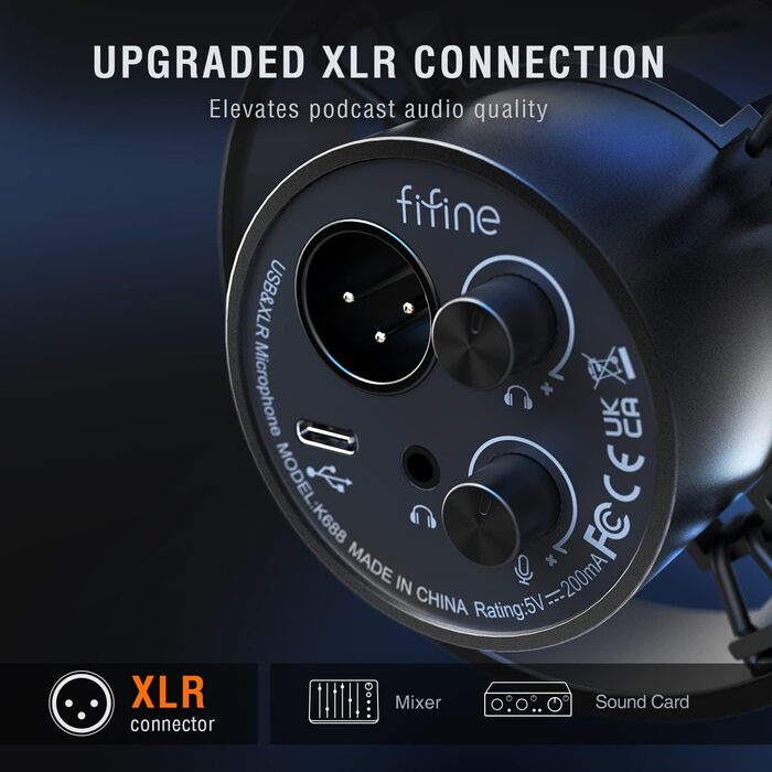 FIFINE K688 - Студійний мікрофон XLR/USB для запису, подкастів, вокалу та стрімінгу. Чорний мікрофон з навушником 3.5 мм, кнопкою мовлення та металевим корпусом
