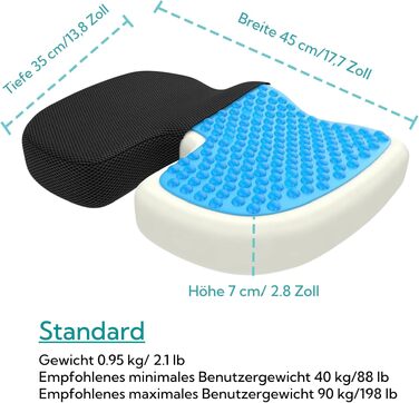 Подушка ортопедична для сидіння Bonmedico з Memory Foam Gel: для офісного крісла, авто, візка - чорна сітка (Стандарт), 45x35x7 см, до 90 кг