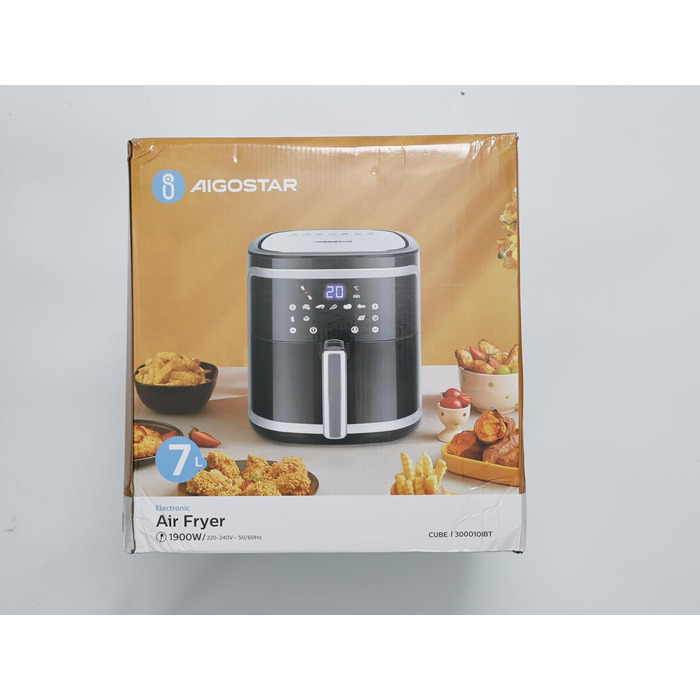 Aigostar Cube аерофритюрниця 7 л XXL, 1900 Вт, 7 програм, LED-екран, без олії, для 6-10 осіб, чорна