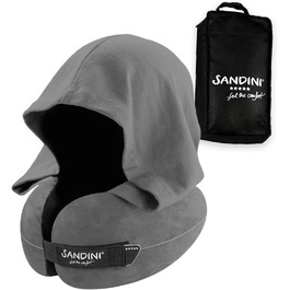 Подушка для подорожей SANDINI TravelFix Hoodie з ергономічною підтримкою шиї та капюшоном, преміум велюр, антрацит, чохол у комплекті