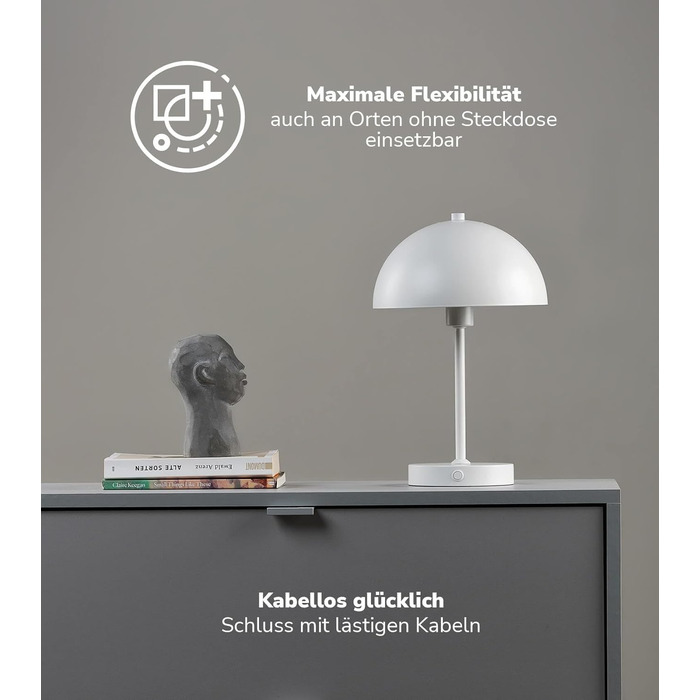 mokebo LED настільна лампа бездротова, акумуляторна, димована, USB-C, вінтажна квіткова лампа-гриб, нічник з білого металу з батареєю, тепле біле світло