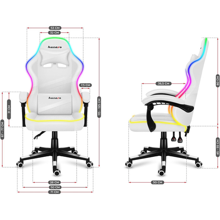 Ігрове крісло Huzaro Force 4.4 RGB біле, ергономічне, LED-підсвітка, екошкіра, регульована висота, підголівник, підтримка до 130 кг