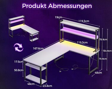 ODK Кутовий комп'ютерний стіл L-подібний з LED-підсвіткою, USB зарядкою та розеткою, білий, для геймінгу та домашнього офісу, 168×120 см