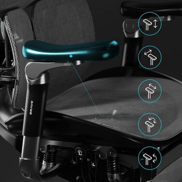 Офісне крісло Diablo Brave V-Kinetic, ергономічне, з підставкою для ніг, 5D підлокітниками, сітчастою спинкою, підтримкою попереку, регульоване, до 120 кг, чорне, 126x70x70 см