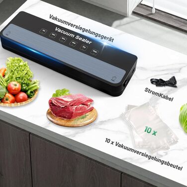 Raycial Вакууматор для продуктів з пакетами: автоматичний запаювач для сухої, вологої та свіжої їжі, фольгувальний апарат, компактний чорний