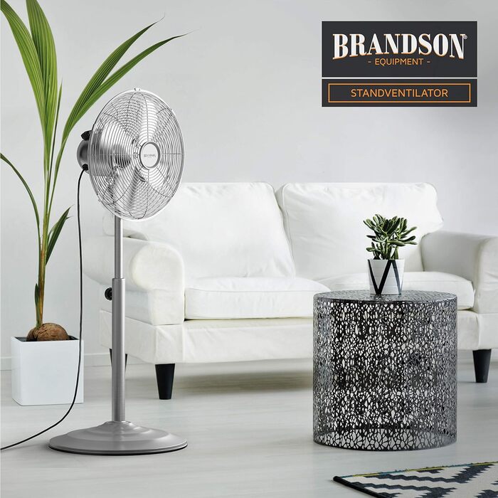 Підлоговий вентилятор Brandson Silverline з коливанням 80° та хромованим дизайном - 3 швидкості, регульована висота та нахил 30°