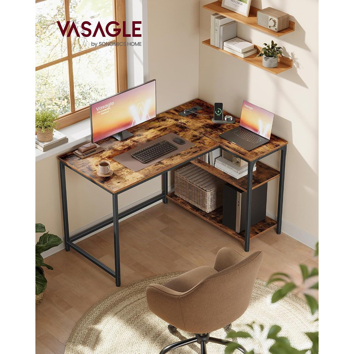 Кутовий письмовий стіл VASAGLE L-подібний для комп'ютера, 110 x 80 см, з полицями, вбудованими розетками (2 AC, 2 USB), колекція BARNET, рустикальний коричневий