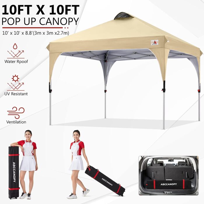 ABCCANOPY Павільйон 3x3 м водонепроникний, складаний, для саду та фестивалів, сонцезахисний, з роликовою сумкою, 4 обважнювачами, 4 мотузками, 4 кілками, бежевий