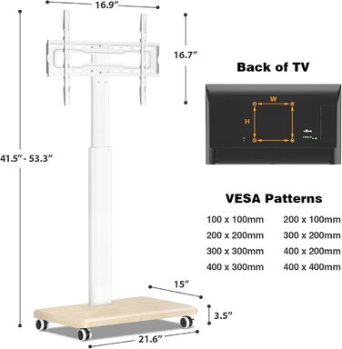Мобільна підставка для телевізора TVON на коліщатках для ТБ 32-70 дюймів (81,3-177,8 см), дерев'яна основа, білий колір