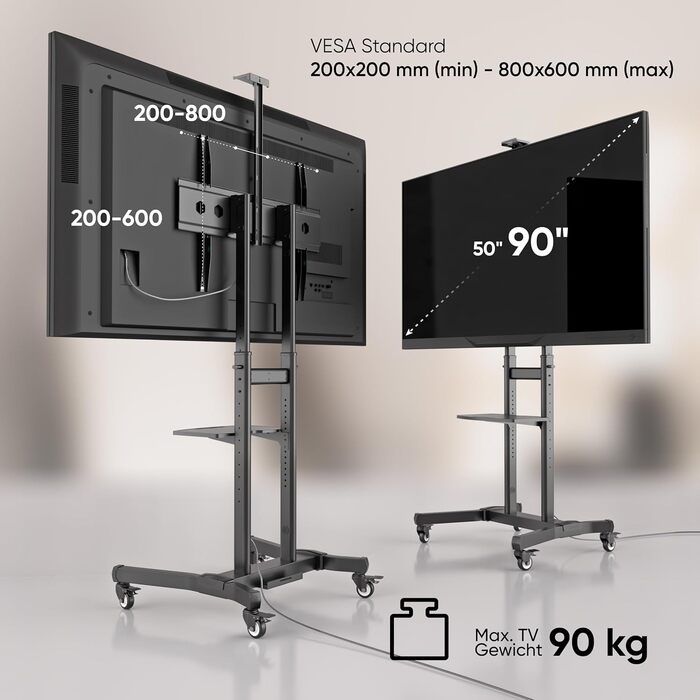 Мобільна стійка для телевізора ONKRON TS1891-B, на коліщатках, для 50-90 дюймів, до 90 кг, регульована висота, нахил, чорна