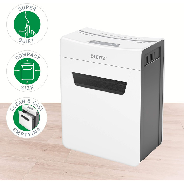 Leitz IQ 10X Premium Protect: Шредер для документів P4, 8 листів, частинковий різання, білий, для офісу та дому, сертифікований TÜV+GS