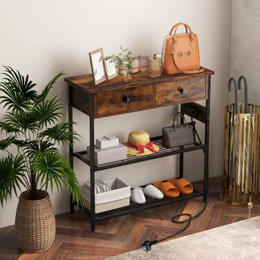 Косольний стіл COSTWAY з зарядною станцією, 2 шухлядами та 2 металевими полицями, з розетками і USB, вінтажний приставний стіл для коридору