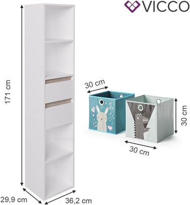 Дитячий стелаж Vicco Robert білий/сонома 36,2x171 см з кольоровими та сірими коробами для зберігання