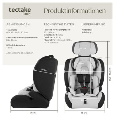Автокрісло Tectake з 5-точковим ременем, i-Size, бічний захист, бустер для дітей 76-150 см (до 36 кг), світло-сірий/чорний