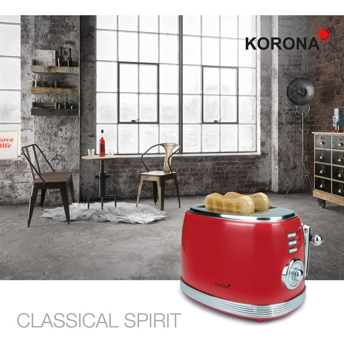 Тостер Korona 21668, 2 скибки, ретро дизайн, червоний, 850 Вт, 6 режимів, розморожування, підігрів, насадка для булочок, піддон для крихт, центрування хліба