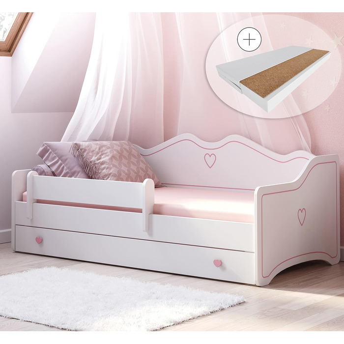 Дитяче ліжко Kids Collective 80x160 см з висувним ліжком і двома матрацами, захист від падіння, трансформер, біло-рожеве, для дівчаток, принцеса, диван-ліжко