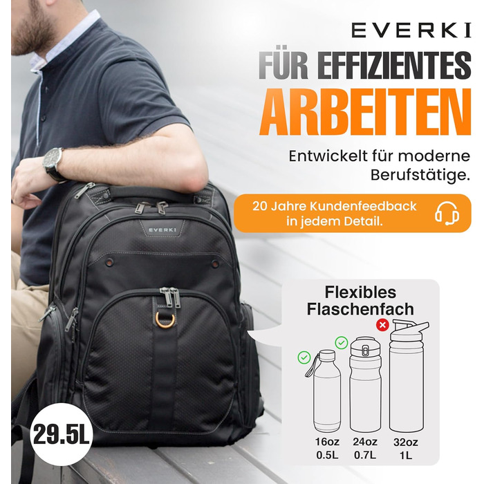 Бізнес-рюкзак для ноутбука Everki Atlas 32L (13–17.3 дюймів) ергономічний дорожній рюкзак з регульованим відділенням, чорний