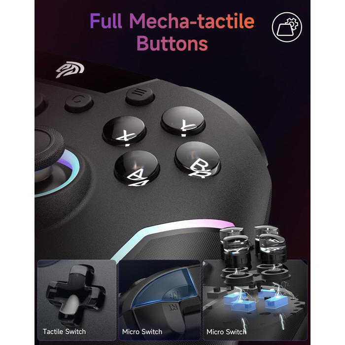 Бездротовий геймпад EasySMX X20 для PC, Switch та смартфонів: RGB підсвітка, Hall-ефект стіки, механічні кнопки, гіроскоп 6 осей, Bluetooth (Чорний)