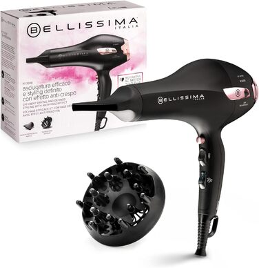 Фен Bellissima P7 3200 з іонізацією, 2100 Вт, професійний мотор, 2 швидкості, 3 температури, насадка-дифузор для локонів, холодне повітря, підсвічування, дорожній футляр, кабельний затискач