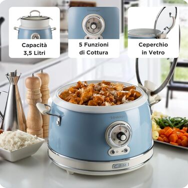Мультиварка Ariete Vintage 2904 блакитна 3.5л для рису, приготування на пару, повільного приготування з керамічним антипригарним покриттям 650W