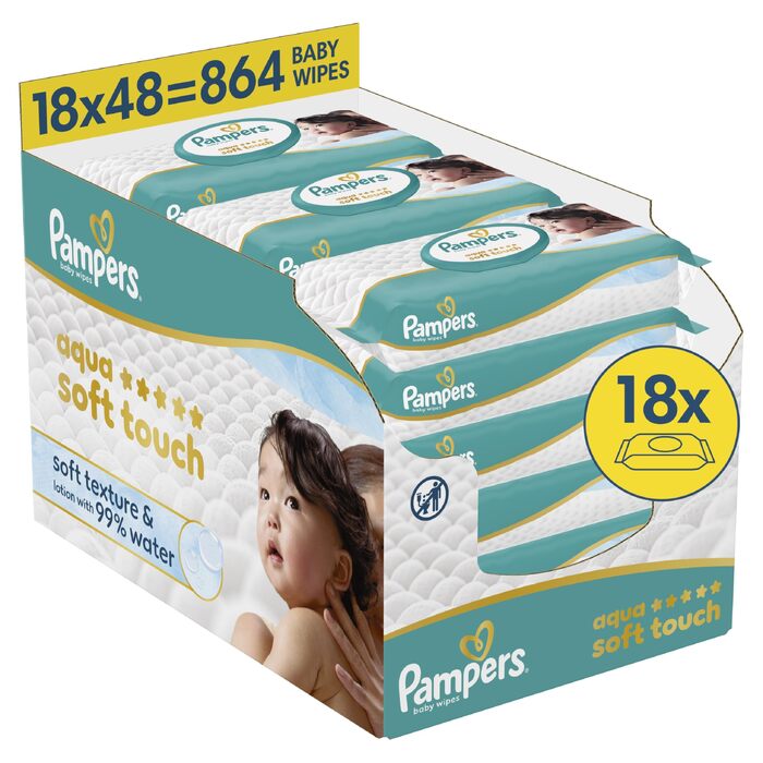 Дитячі вологі серветки Pampers Aqua Soft Touch, 18 паковок по 48 шт (864 шт), гіпоалергенні