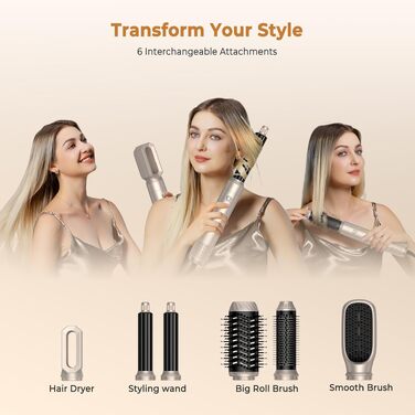 UKLISS Hairstyler 6 в 1: Професійний набір для укладки волосся (фен-щітка, плойка, випрямляч) 1000W, срібно-золотий
