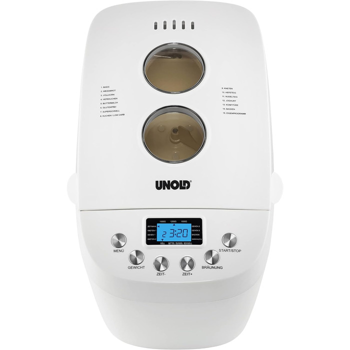 Хлібопічка UNOLD 68520 BACKMEISTER Big White, 1500 г, 15 програм, для безглютенового хліба, таймер, функція підігріву, LCD дисплей, біла