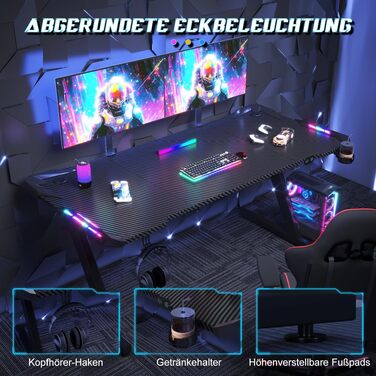 Ігровий стіл JUMMICO з RGB LED-підсвіткою, комп'ютерний стіл для геймерів та Home Office з тримачем для навушників та підстаканником, чорний (160x60 см)