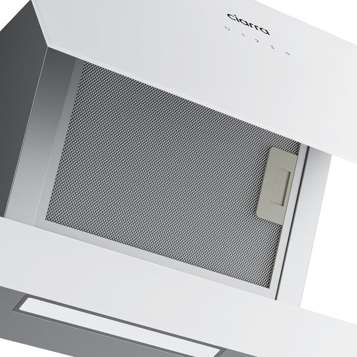 Похила витяжка для кухні CIARRA CBCS6765C 60 см, сталь та скло, білий/сріблястий, 580 м³/год, з вугільним фільтром CBCF055, сенсорне керування, настінний монтаж, клас A+
