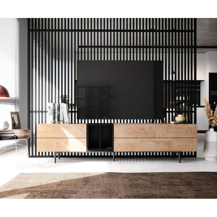 ТВ тумба Newfurn чорна дика дуба, вінтаж індастріал, 195x48x37 см, тумба під телевізор у вітальню