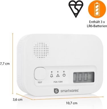 Smartwares Ко-Детектор газу 85 дБ – Сенсор на 10 років – Сповіщення через додаток – Кнопка тестування & безшумний режим – FGA-13800, на батарейках, білий