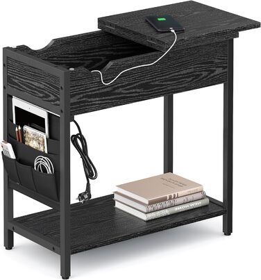 VASAGLE приліжковий столик із розеткою та USB, вузький, з кишенею, чорний з деревною текстурою, для вітальні та спальні