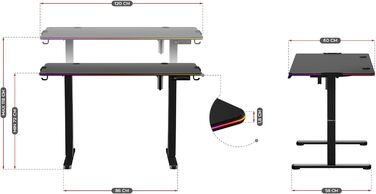 Комп'ютерний стіл Huzaro Hero 8.2 RGB, електричний, LED-підсвітка, регульована висота, 120x60 см, метал, чорний