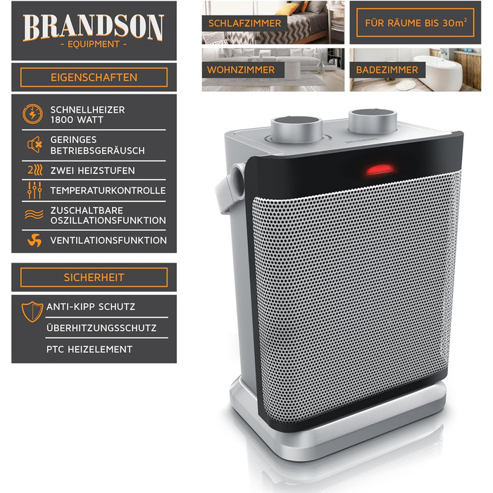Обігрівач Brandson 1800 Вт для 30 м², 2 режими, вентилятор, регульований термостат, захист, ручка